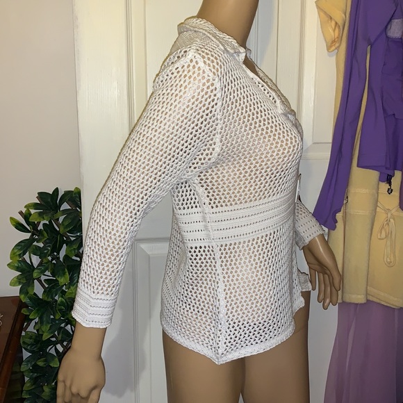 WHITE Knit crochet 60s mod style sweater pullover tunic top M - Picture 6 of 11